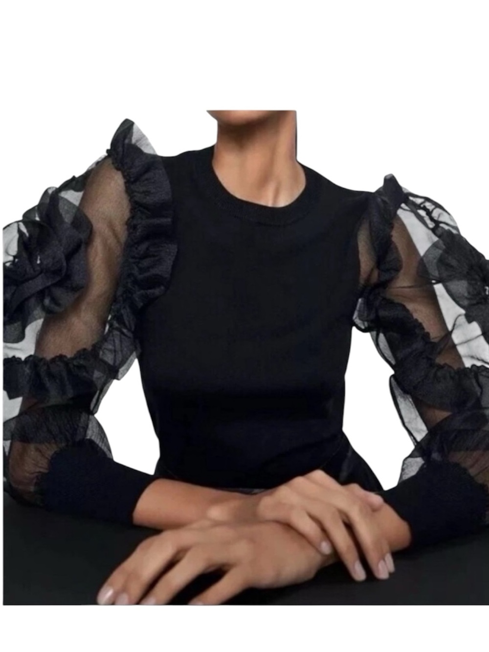Zara Black Sheer 3D Ruffle-Sleeve Long Sleeve Top Size Medium Like New